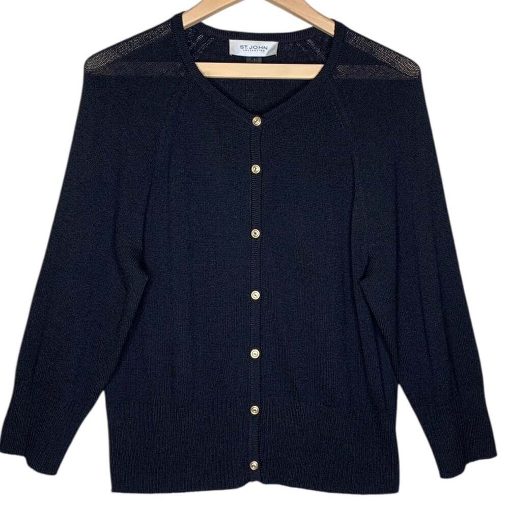 St John Collection Santana Knit Cardigan L Large Black Navy Gold Logo Buttons